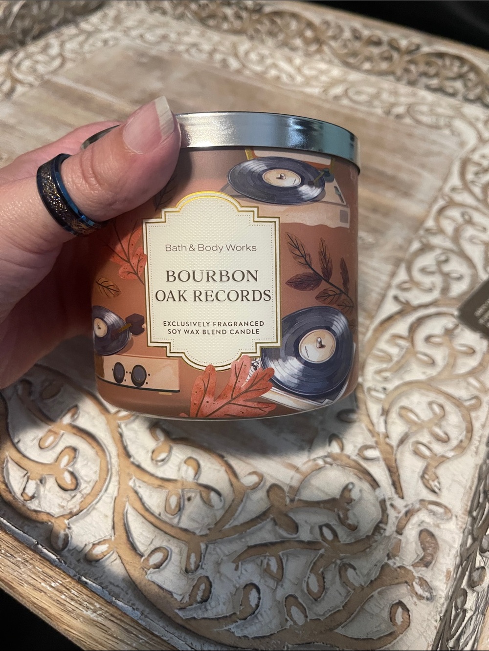 Bath & Body Works Bourbon Oak Records Candle - Brown & Silver